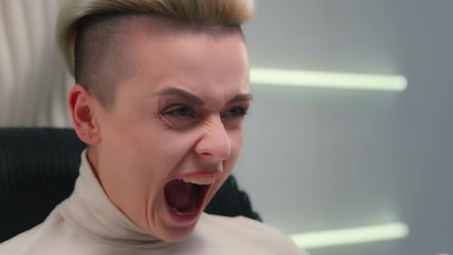 Caucasian Woman Girl Shouting Angry Loud Yelling Mad Futuristic Female Lady Gamer Shout Scream Yell