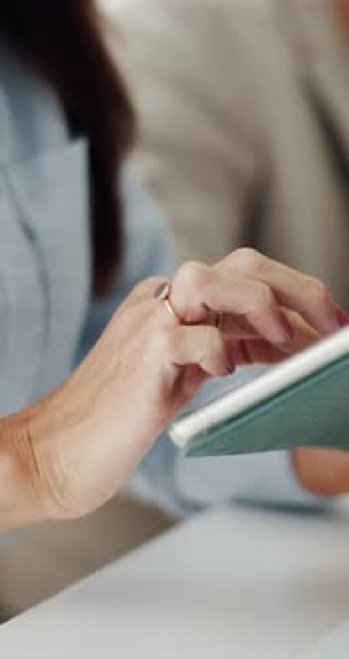 Woman, hand and typing in office with tablet, research story and online news for media publication