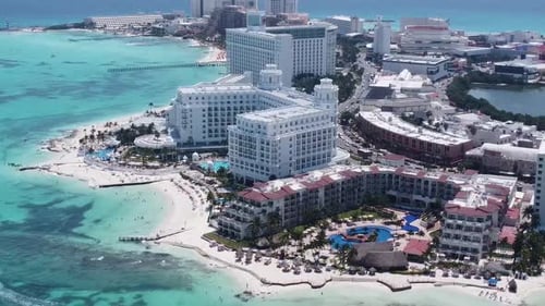 Cancun, Mexico. Aerial view of beautiful Hotel Riu Palace Las Americas in the hotel zone of Cancun.
