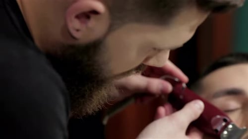 Bearded Man Getting Hair Trimmed at Barber Shop