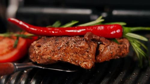 Taking Delicious Grilled Meat From Grill with Spatula in Slow Motion Closeup Tasty Streak Slice