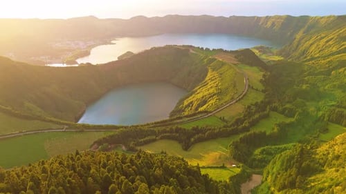 Sete Cidades Caldera Blue Lake and Santiago Lake Azores Sao Miguel Island Portugal Aerial View