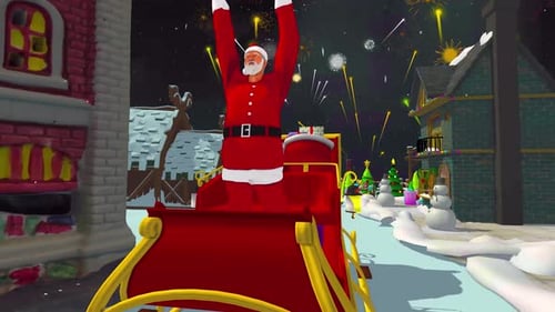 Santa Claus Sleigh Flying Over Christmas Village Animation