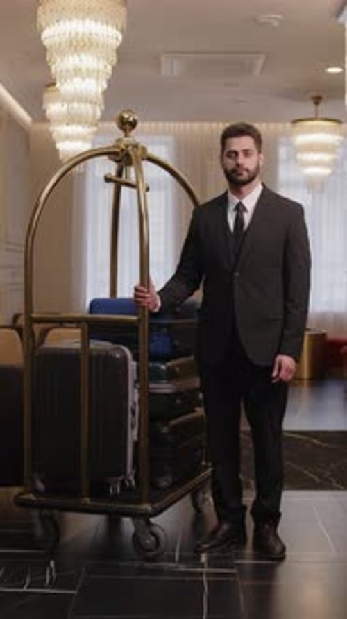 Retrato de Bellboy con carrito de equipaje en el lobby del hotel