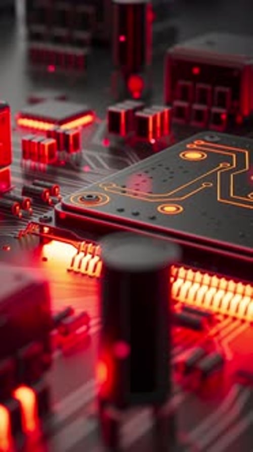 Futuristic 3D animation of a glowing microchip