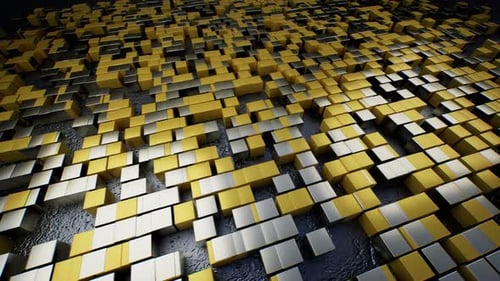 Perspective Flow Eine konzeptionelle Anordnung gelber und silberner Würfel