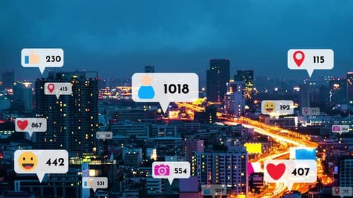 Social Media Icons Fly Over City Downtown Showing People Reciprocity Connection