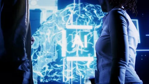 People Discuss Artificial Intelligence Brain Graphic on Screen