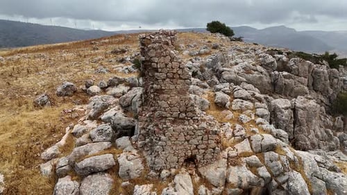 Aerial Orbit Ancient Stone Tower Ruins