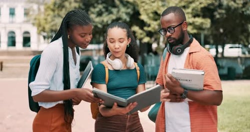 Lehrbuch, Konversation und Schüler, die im Park im Freien für eine Prüfung, ein Projekt oder eine Prüfung an der Universität lernen
