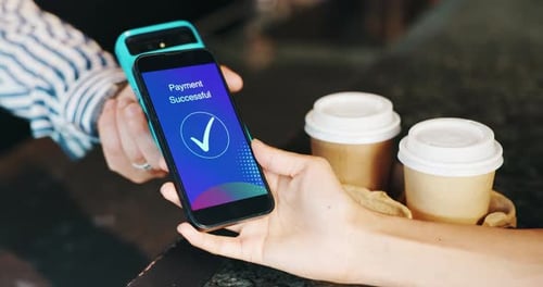 Machine, phone or hands of customer in coffee shop for fintech app, payment success or checkout