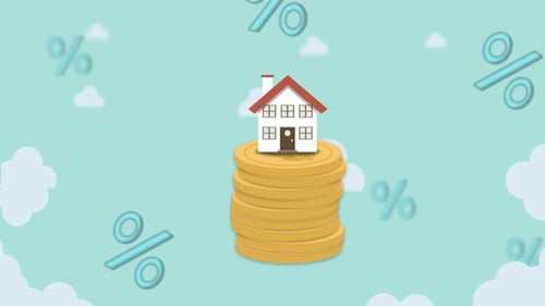 Flat Design House on Coin Stack with Percentage Symbols