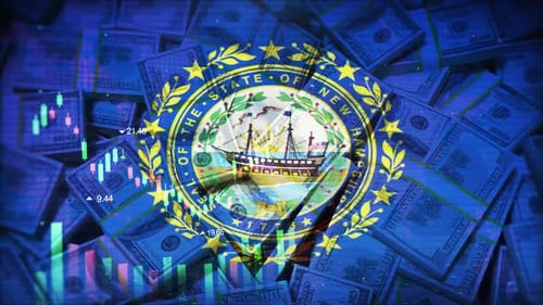 New Hampshire Flag On Economic Background With Decrease Bar Chart Graph And Arrow