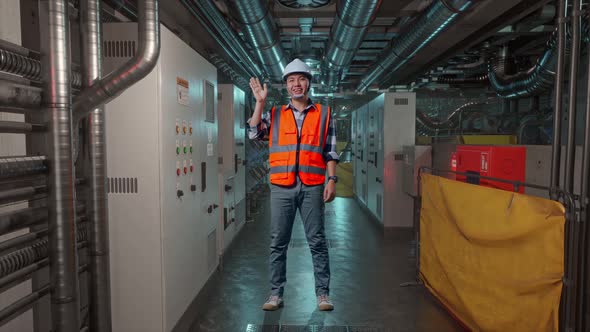 Full Body Of Asian Male Engineer Smiling And Waving Hand Saying Bye In ...