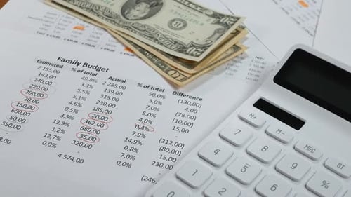 Family Budget Sheet with Calculator and Cash