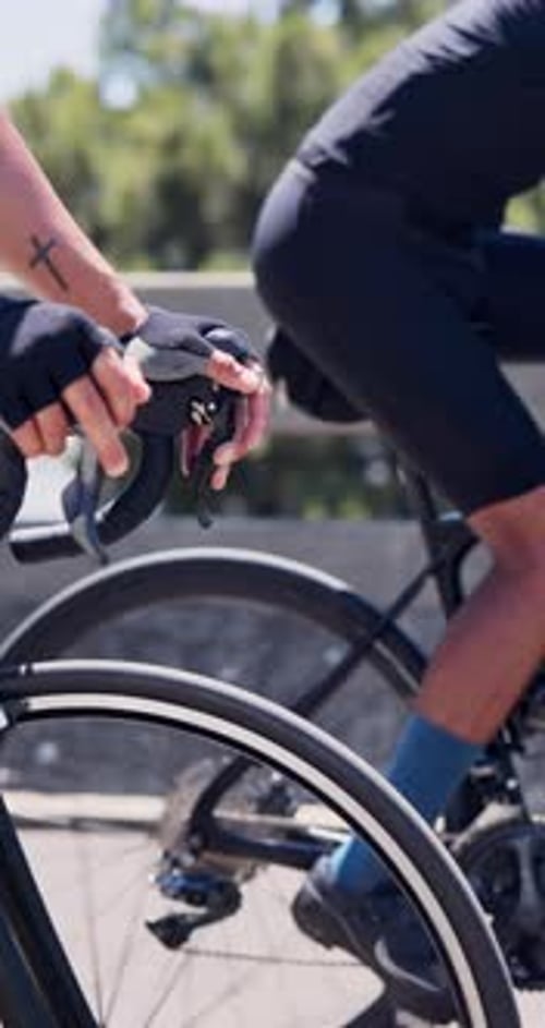 Cycling, hands and people on bicycle outdoor for practice competition and active on road