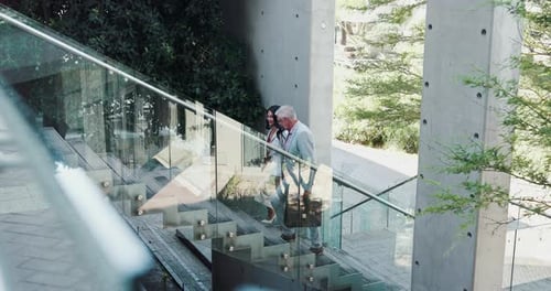 Stairs, walking and business people in city for morning commute, travelling
