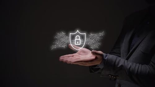 cyber security concept. business person shows an electronic lock sign.