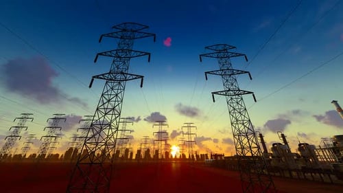 Electricity Tower And Substation Time Lapse At Sunset