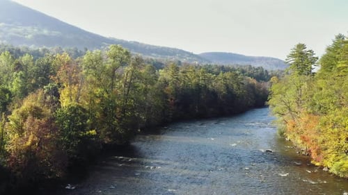 Aerial shot of Housatonic river passing by the hilly terrain in Litchfield County, Connecticut,Unite