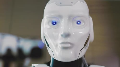 Futuristic Robot Face Close Up with Blue Eyes
