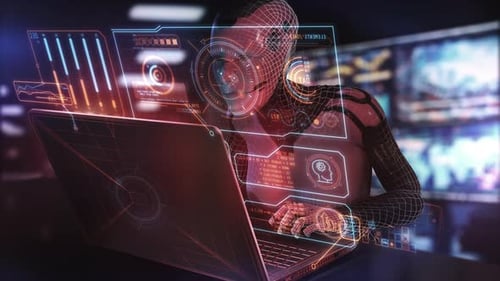 Futuristic Holographic UI with AI Data Analysis and Wireframe Person