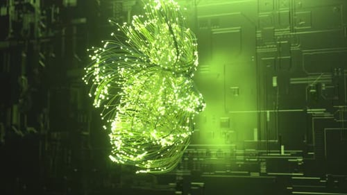 KI-Visualisierungskonzept Hellgrüne Neonpartikel explodieren und erzeugen ein Hologramm des menschlichen Gesichts