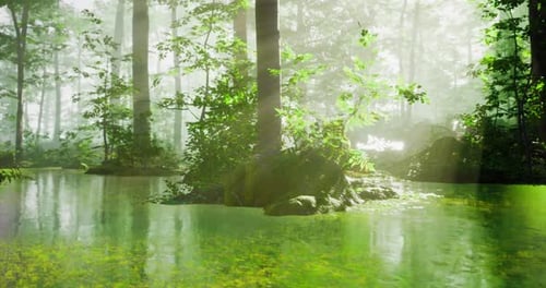 Lush Greenery and Tranquil Water Reflect Serene Forest Atmosphere