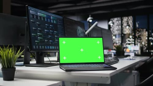 Green Screen Laptop in Office Used for Developing Artificial Intelligence