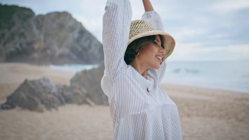 Beautiful Girl Enjoy Breeze on Summer Beach Smiling Dreamy Woman Closing Eyes