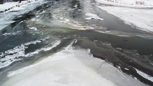 Frozen River Water In Winter. drone descending shot