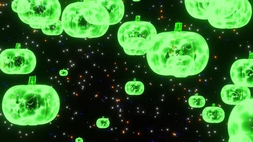 Green neon halloween pumpkins fall down stars background 3d render. Sinister pumpkins with green