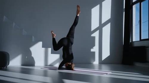 Stretching Workout Young Adult Woman Doing Headstand In Fitness Studio Slow Motion Shot