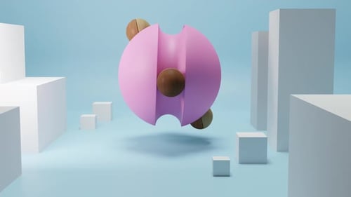 Vibrant pink object floats amidst modern geometric shapes