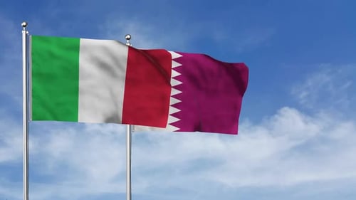Realistic Waving Flags of Italy and Qatar against Blue Sky