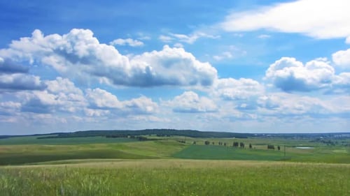 summer landscape with cloudy sky, view from hill, timelapse, 4k
