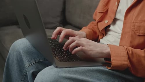 White Male Hands Typing on Laptop Unrecognised Man Working on Computer Keyboard Close Up Working at