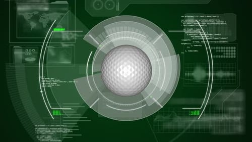Animation of digital data processing on screen over golf ball