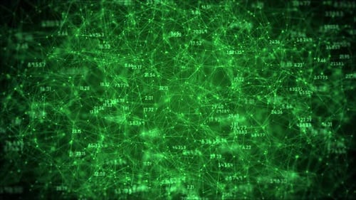 Green Digital Data Plexus Network with Glowing Nodes. Connected Lines and Floating Numbers.