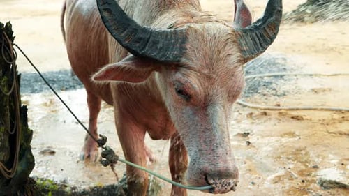 Water Buffalo Head Close-Up During an Outdoor Wash