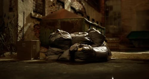 Time-Lapse of Gritty Urban Alley with Garbage Bags