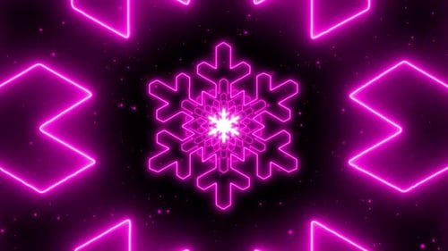 Pink Neon Lights Christmas Snowflake Tunnel Abstract Glow Particles Moving Loop Background