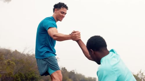 Mountain, happy and friends with help for fitness, hiking and exercise for adventure in nature