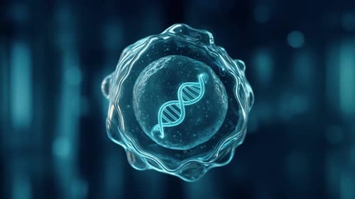 Translucent cell with glowing blue DNA double helix at core