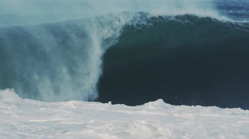 Thick Ocean Wave Bursts With Spray and Droplets, Telephoto Slow Motion