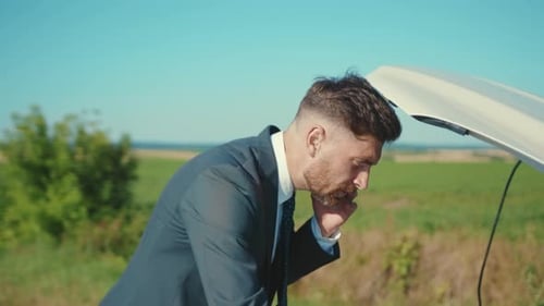 Businessman Standing Speak on Phone Near the Broken Car Opened the Hood Look Road Help Repair Stress