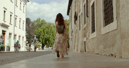 Female tourist in beautiful dress explores Verona, rear low angle view