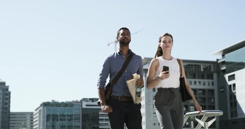 Eating, phone and business people in city on morning commute, travel and journey to work office