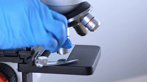 Scientist using laboratory microscope.