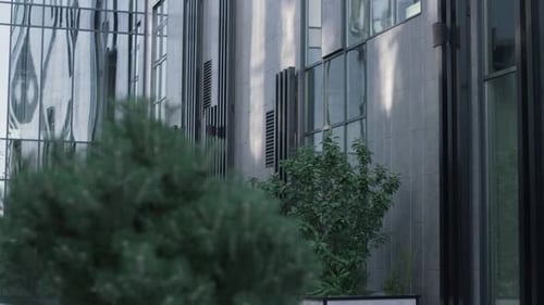 Grüne Bäume, die das moderne Bürogebäude in der futuristischen europäischen Innenstadt reflektieren